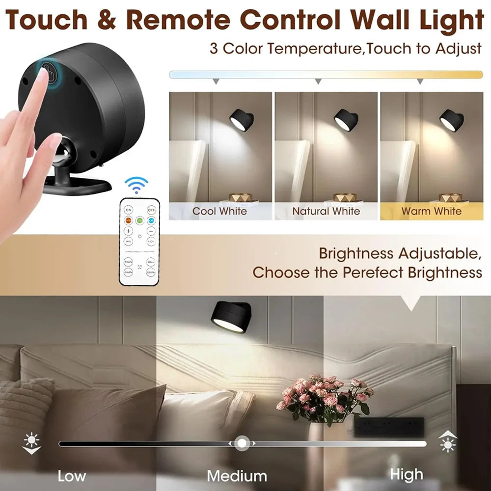 Magnetic LED Wall Light Night Dimmable Magnetic Picture Lights 360° Rotation Touch Remote Control Cabinet Spotlight Night Lamp